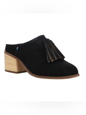 TOMS Leila Black Suede Tassel Mules with Wood Heel Women’s Size 7.5